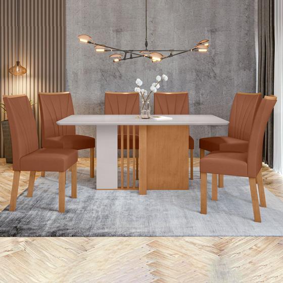 Imagem de Conjunto Mesa 170cm Astrid com Vidro e 6 Cadeiras Apogeu Amêndoa Clean/Off White/Caramelo