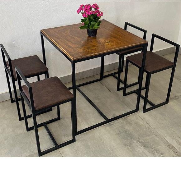 Imagem de Conjunto Mesa 4 Cadeiras Pequena Estofado Marrom Industrial Wood Box