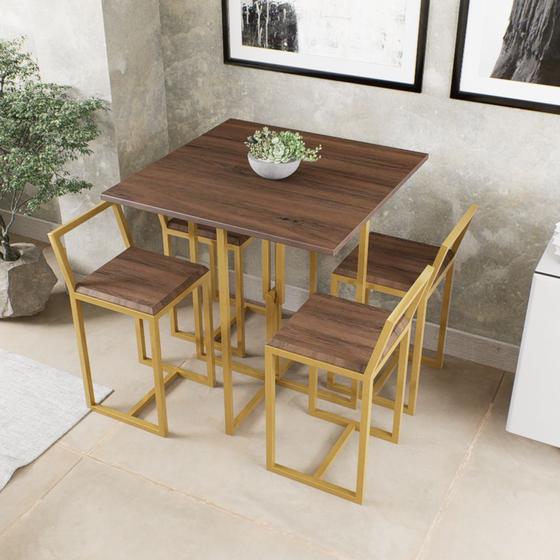 Imagem de Conjunto Mesa 4 Cadeiras Pequena Imbuia Industrial Dourado