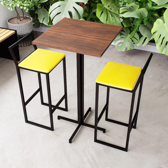 Imagem de Conjunto Mesa Alta Bar Bistrô Quadrada Imbuia 2 Banquetas Confort Estofado Industrial Black