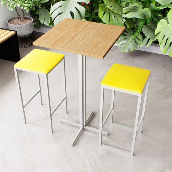 Imagem de Conjunto Mesa Alta Bar Bistrô Quadrada Pinus 2 Bancos Estofado Industrial White