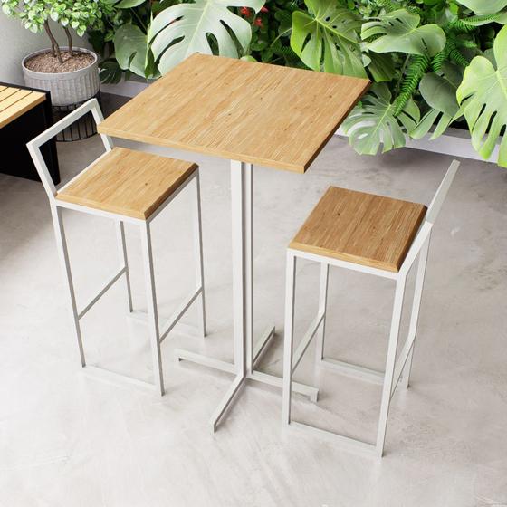 Imagem de Conjunto Mesa Alta Bar Bistrô Quadrada Pinus 2 Banquetas Confort Industrial White