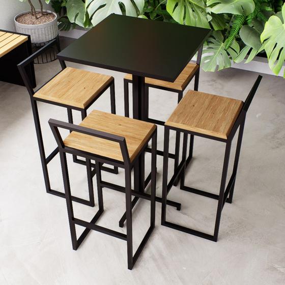 Imagem de Conjunto Mesa Alta Bar Bistrô Quadrada Preta 4 Banquetas Confort Pinus Industrial Black