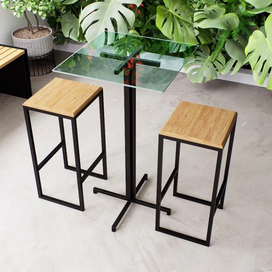 Imagem de Conjunto Mesa Alta Bar Bistrô Quadrada Vidro 2 Bancos Pinus Industrial Black