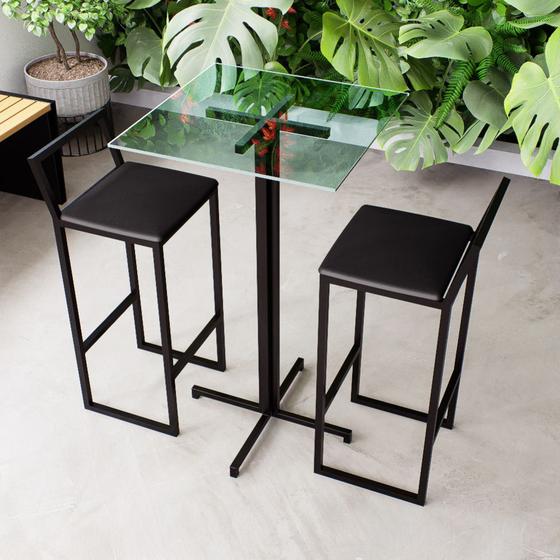 Imagem de Conjunto Mesa Alta Bar Bistrô Quadrada Vidro 2 Banquetas Confort Estofado Industrial Black