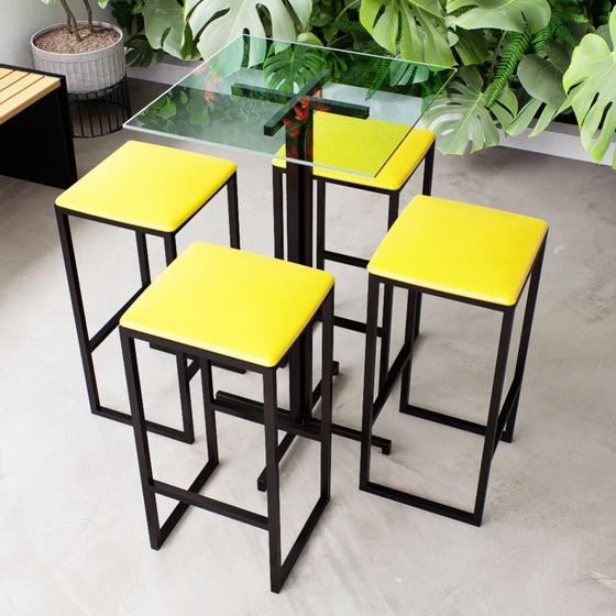 Imagem de Conjunto Mesa Alta Bar Bistrô Quadrada Vidro 4 Bancos Estofado Industrial Black