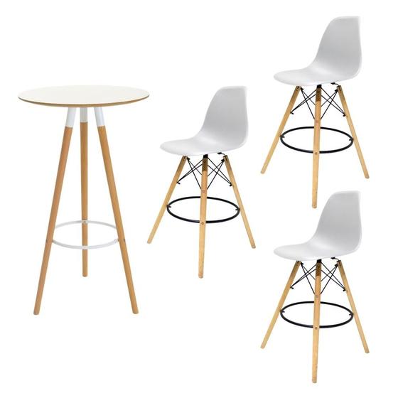 Imagem de Conjunto Mesa Alta Redonda Bistro Com 3 Banquetas Altas Charles Eames Eiffel Branca