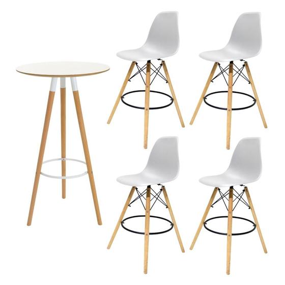 Imagem de Conjunto Mesa Alta Redonda Bistro Com 4 Banquetas Altas Charles Eames Eiffel Branca