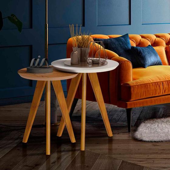 Imagem de Conjunto Mesa Apoio Lateral Com Pés Palito Off White Freijó Faba Shop Jm