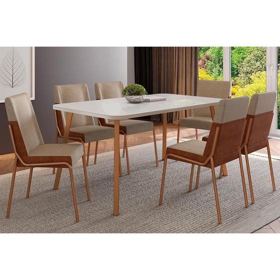 Imagem de Conjunto Mesa Ariel Maior 1601 Tampo Madeirado c/ Vidro 160x80cm e 6 Cadeiras Hug Gelo/Off White Rose - Cobre/Linho Areia/-Carraro