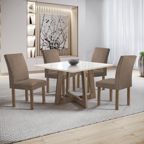 Imagem de Conjunto Mesa Arizona 100cm com 4 Cadeiras Canela Tampo Slim Plus com Vidro Chocolate/Off White/Veludo Bege Escuro