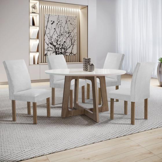Imagem de Conjunto Mesa Arizona 120cm com 4 Cadeiras Canela Tampo Redondo Plus com Vidro Chocolate/Off White/Gelo