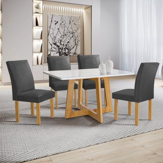 Imagem de Conjunto Mesa Arizona 120cm com 4 Cadeiras Canela Tampo Smart Plus com Vidro Cinamomo/Off White/Cinza