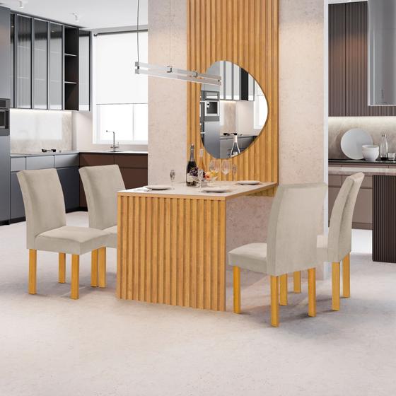 Imagem de Conjunto Mesa Bella Ripada 120cm com Painel Espelhado Tampo Bella com Vidro 4 Cadeiras Canela
