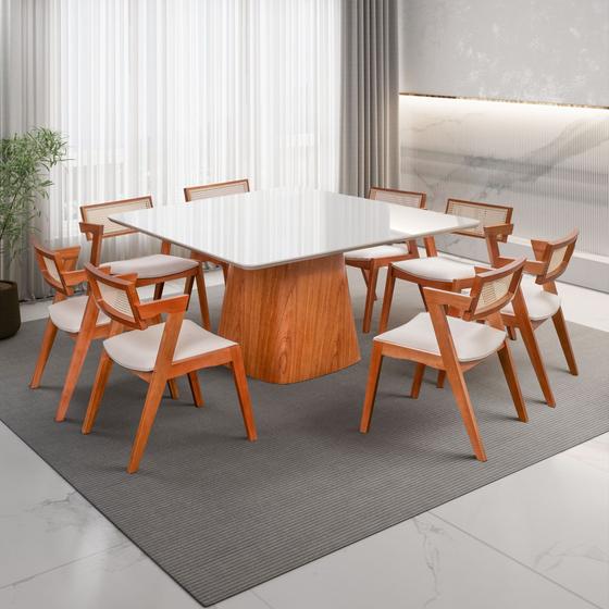 Imagem de Conjunto Mesa Bérgamo com 8 Cadeiras em Madeira Maciça, Estofada e Rattan de Fibra 100% Natural Verona Authentic