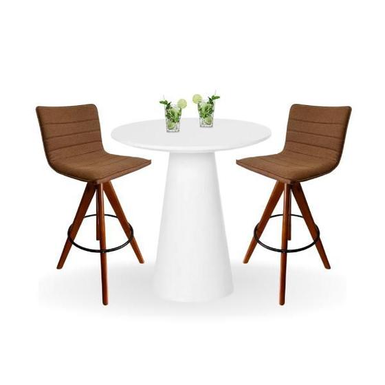 Imagem de Conjunto Mesa Bistrô Cone 70 cm Laca Branca Base Altura 100 cm Laca Branca + 2 Banquetas Cercatto Giratória