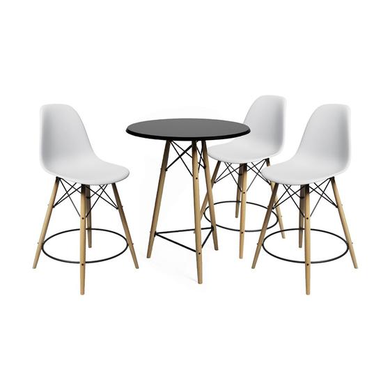 Imagem de Conjunto Mesa Bistrô Eames Eiffel Preta com 3 Banquetas Brancas de Madeira