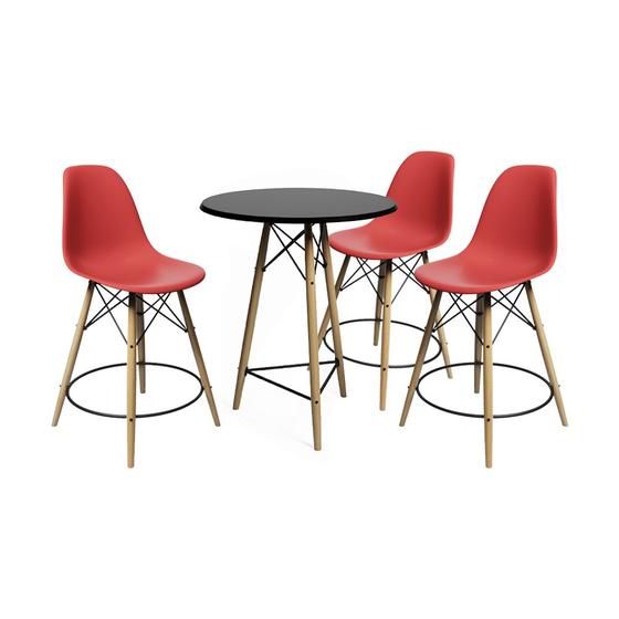 Imagem de Conjunto Mesa Bistrô Eames Eiffel Preta com 3 Banquetas Vermelhas de Madeira