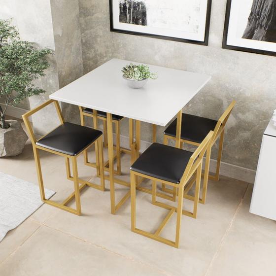 Imagem de Conjunto Mesa Branca 4 Cadeiras Pequena Estofado Industrial Dourado
