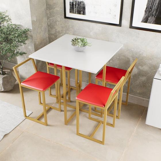 Imagem de Conjunto Mesa Branca 4 Cadeiras Pequena Estofado Industrial Dourado