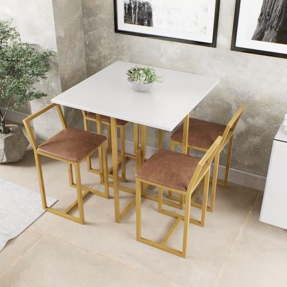 Imagem de Conjunto Mesa Branca 4 Cadeiras Pequena Estofado Industrial Dourado