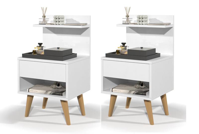 Imagem de Conjunto Mesa Cabeceira Modelo Sleep com gaveta/prateleira Decoração Branco