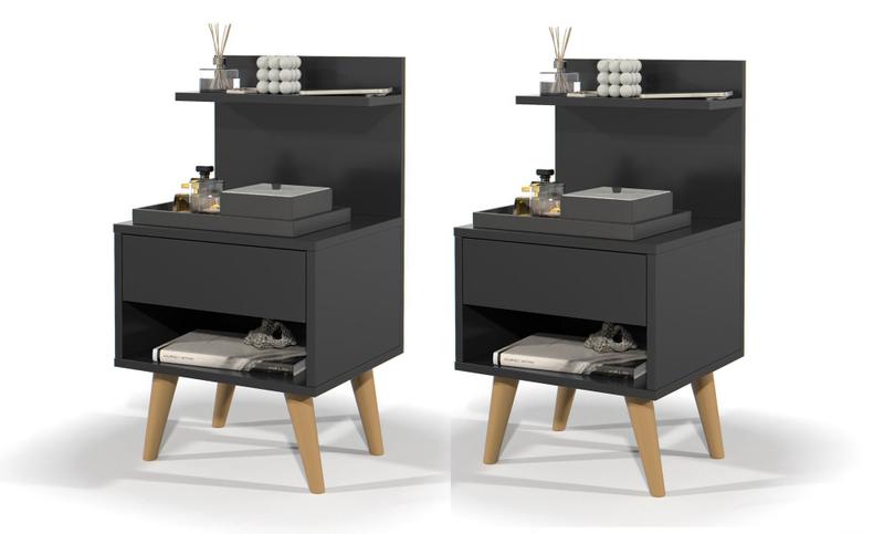 Imagem de Conjunto Mesa Cabeceira Modelo Sleep com gaveta/prateleira Decoração - Preto