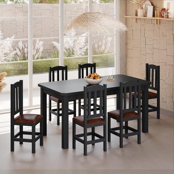 Imagem de Conjunto Mesa Com 6 Cadeiras Com Estofado material sintético Marrom 160cm Preto Diamante Shop Jm