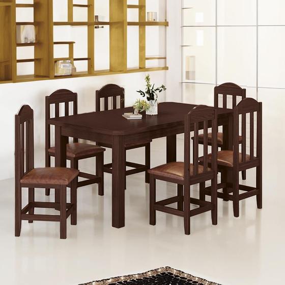 Imagem de Conjunto Mesa Com 6 Cadeiras Em Madeira Maciça Estofadas Em material sintético Marrom 160cm Castanho Olivia Shop Jm