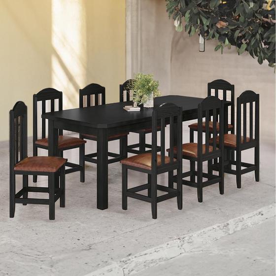 Imagem de Conjunto Mesa Com 8 Cadeiras Em Madeira Maciça Estofadas Em material sintético Marrom 200cm Preto Olivia Shop Jm