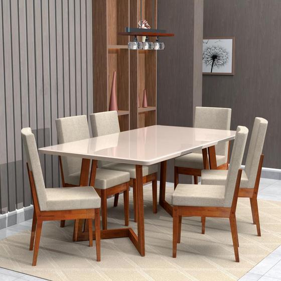 Conjunto Mesa Com Vidro Pés Madeira Maciça 6 Cadeiras Madeira Dakota Tecido A40 Menor preço em Conjunto Mesa Com Vidro Pés Madeira Maciça 6 Cadeiras Madeira Dakota Tecido A40