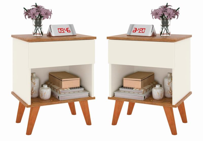 Imagem de Conjunto Mesa de Cabeceira Duda com 1 gaveta 1 nicho pés em madeira maciça - Off White com freijó