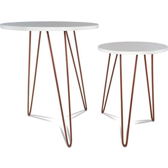 Imagem de Conjunto Mesa De Canto Lateral Dupla Cambridge Tripé Cobre e Branco