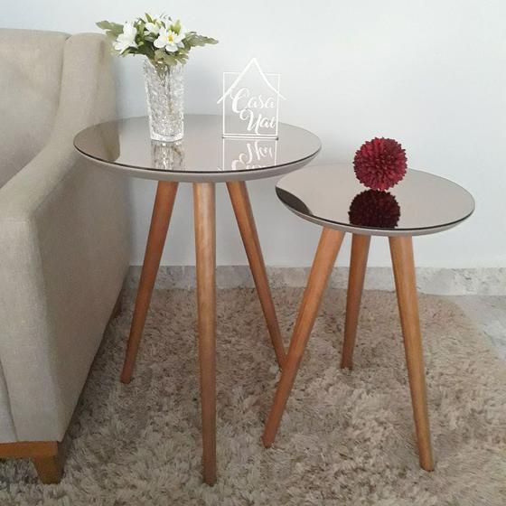 Imagem de Conjunto Mesa De Canto Lateral Pé Palito Fendi com Espelho Bronze 40/50 cm Diâmetro 60/70 cm Altura Casa Uai