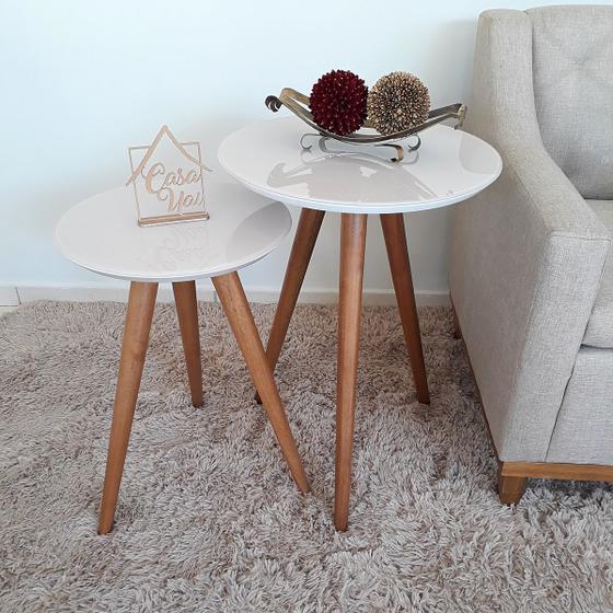 Imagem de Conjunto Mesa De Canto Lateral Pé Palito Off White com Vidro 50/40cm Diâmetro 70/60cm Altura CasaUai