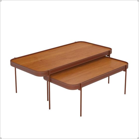 Imagem de Conjunto Mesa de Centro Melin P-G Nature com Pés Metálicos Cobre Detalhes em Couro - Ofertamo