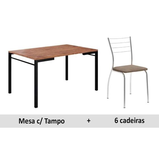 Imagem de Conjunto: Mesa de Cozinha 1526 c/ Tampo Madeirado 136cm + 6 Cadeiras 1700 Champagne/Cromado/Conhaque - Carraro