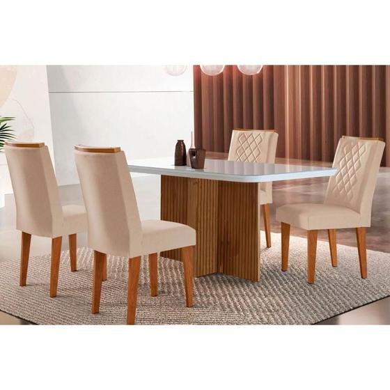 Imagem de Conjunto: Mesa de Cozinha Berlim c/ Tampo Madeirado c/ Vidro Canto Curvo 120x80cm e 4 Cadeiras Jade Imbuia/Off White - Suede Creme - Rufato