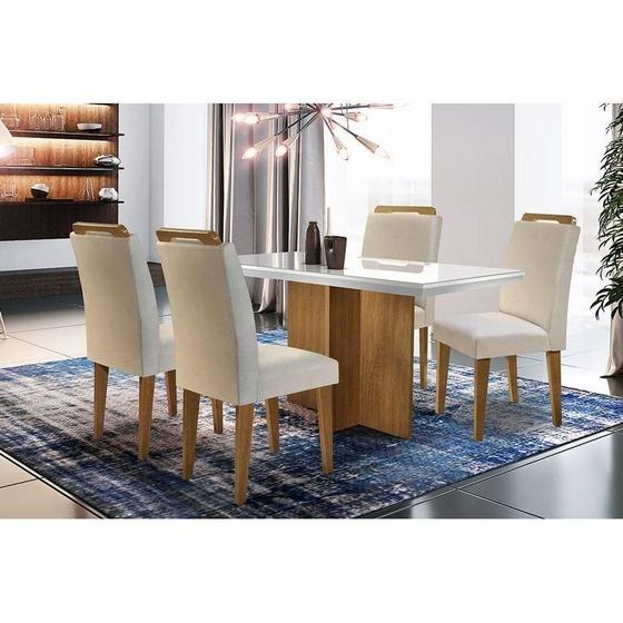 Conjunto: Mesa de Cozinha Berlim Tampo Madeirado c/ Vidro Canto Reto 120x80cm e 4 Cadeiras Athenas Capuccino/Suede Creme - Rufato Imagem de Conjunto: Mesa de Cozinha Berlim Tampo Madeirado c/ Vidro Canto Reto 120x80cm e 4 Cadeiras Athenas Capuccino/Suede Creme - Rufato