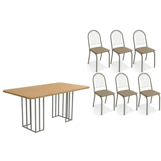 Imagem de Conjunto: Mesa de Cozinha Duina c/ Tampo de Madeira 160cm e 6 Cadeiras Noruega Niquel/Freijo - Courano Cappuccino - Kappesberg