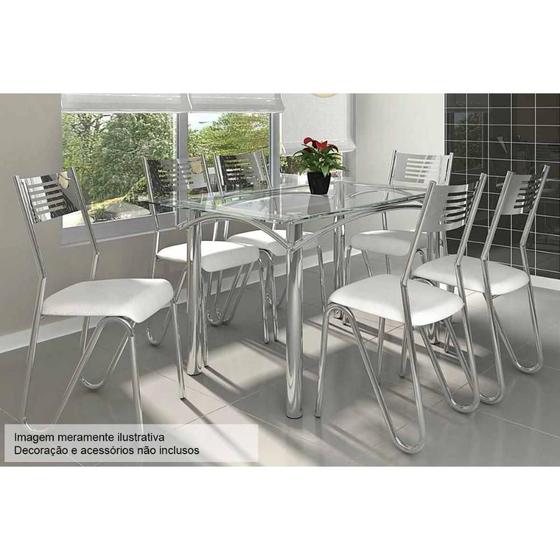Imagem de Conjunto: Mesa de Cozinha Elba c/ Tampo de Vidro 140cm + 6 Cadeiras Nápoles Cromado/Branco - Kappesberg