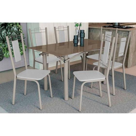 Imagem de Conjunto: Mesa de Cozinha Elba c/ Tampo de Vidro 80x140cm e 6 Cadeiras Florença Niquel/Bronze - Courano Branco - Kappesberg