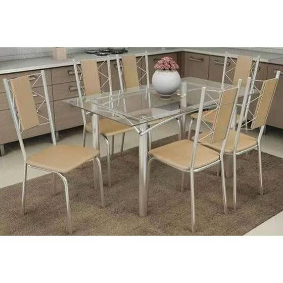 Imagem de Conjunto: Mesa de Cozinha Elba c/ Tampo Vidro 140cm + 6 Cadeiras Lisboa Cromada/Nude - Kappesberg