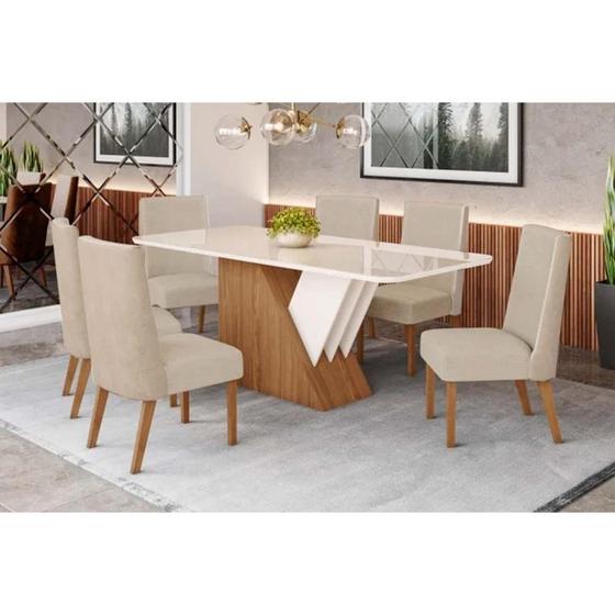 Imagem de Conjunto: Mesa de Cozinha Épic SC24 Tampo Madeirado c/ Vidro Canto Curvo 160x90cm e 6 Cadeiras Anne Nature/Courano/Creme - Henn