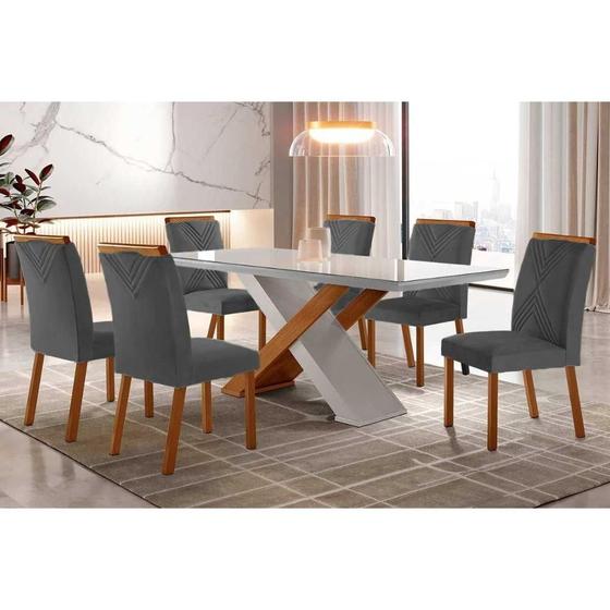 Imagem de Conjunto: Mesa de Cozinha Imperatriz Tampo Madeirado c/ Vidro Reto 180x90 e 6 Cadeiras Amsterdã Imbuia/Off White - Linho Grafite - Rufato