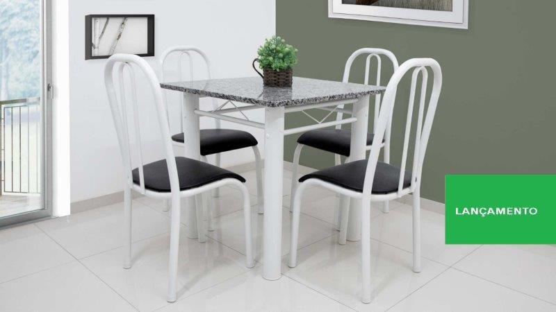 Imagem de Conjunto MESA DE cozinha JANTAR COM 4 CADEIRAS Madrid tampo granito 80CM EM AÇO COR BRANCA