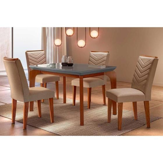 Imagem de Conjunto: Mesa de Cozinha Londrina c/ Tampo Madeirado c/ Vidro Canto Curvo 120x80cm e 4 cadeiras Londrina Imbuia/Grafite - Suede Capuccino - Rufato