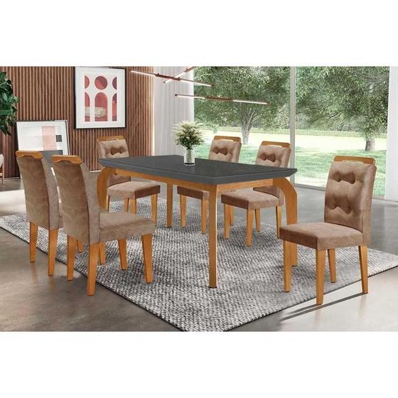 Imagem de Conjunto: Mesa de Cozinha Londrina c/ Tampo Madeirado c/ Vidro Canto Curvo 180x90cm e 6 cadeiras Imperatriz Imbuia/Grafite - Suede Capuccino - Rufato