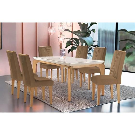 Imagem de Conjunto: Mesa de Cozinha Londrina c/ Tampo Madeirado c/ Vidro Canto Reto 180x90cm e 6 cadeiras Amsterdã Imbuia/Suede Capuccino - Rufato