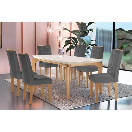 Imagem de Conjunto: Mesa de Cozinha Londrina c/ Tampo Madeirado Canto Reto 180x90cm e 6 cadeiras Amsterdã Capuccino/Suede Grafite - Rufato